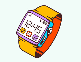 Vector illustration of red smart watch with button on white back
