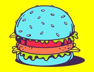 Vector illustration of big blue unusual burger on yellow backgro