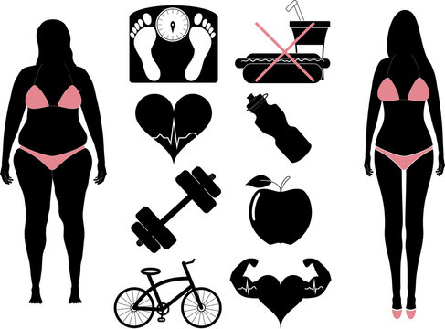 Black White Fitness icons and Girl Before and After Weight Loss