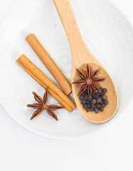 Herb and spice , Cinnamon and anise on white background