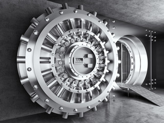  huge armored door of a bank vault. security and finance concept.no one around.