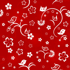 Seamless floral pattern with birds, white on red background