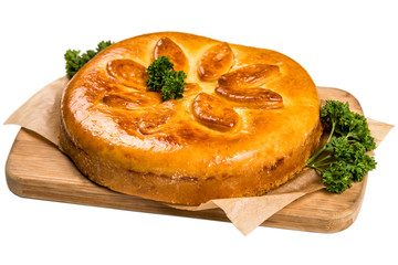Big round pot on paper and wooden board on white background
