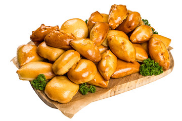 Many pots round and oval form on paper and wooden board on white