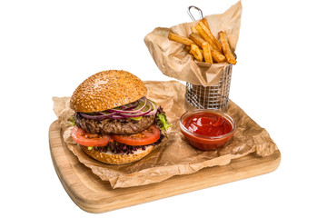 Restourant serving dish - burger with meat, frying potato on woo