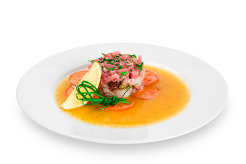 Seafood salad on a white plate