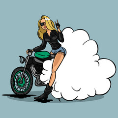 Naklejka premium Funny vector cartoon colorfull biker girl in pin-up style isolat