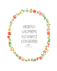 Watercolor floral frame with alphabet. Vector illustration