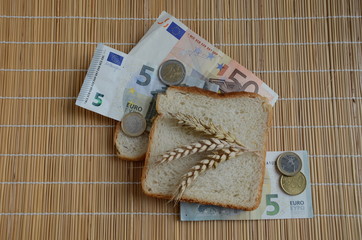 Fototapeta na wymiar Slice of bread and wheat ears on Euro banknotes