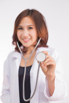Asian medicine doctor woman, closeup portrait on white backgroun