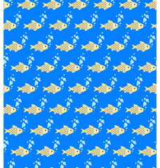 Seamless sea pattern. Yellow fish and light blue bubbles on blue