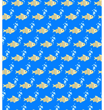 Seamless Sea Pattern. Yellow Fish And Light Blue Bubbles On Blue