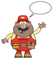 Smiling African American Mechanic Character Waving For Greeting