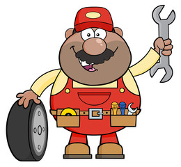 African American Mechanic Character With Tire And Huge Wrench
