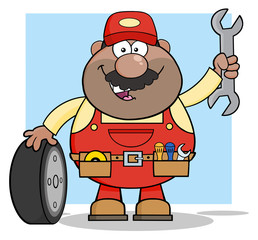 African American Mechanic Character With Tire And Huge Wrench