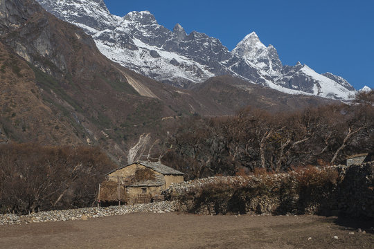 view of the Himalayas from the village Phortse