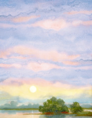 Watercolor landscape background. Sunrise over lake