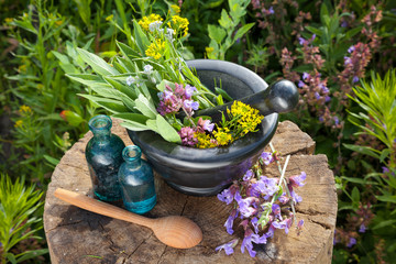 Mortar with healing herbs and sage, bottles of essential oil in