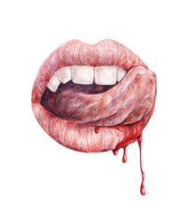 Sexy vampire mouth. Watercolor drawing.