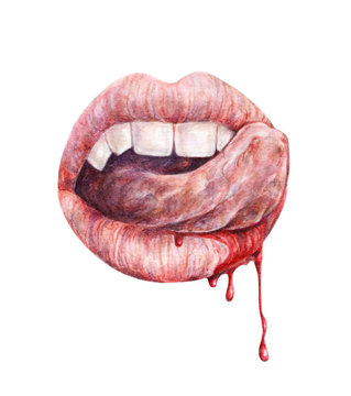 Sexy vampire mouth. Watercolor drawing.