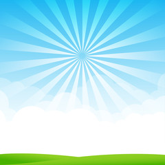 Fototapeta premium Nature Blue sky sunburst copy space and greenfiel Background 003