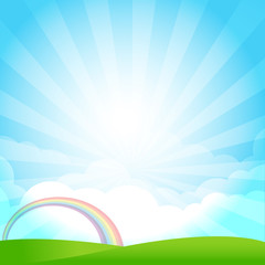 Fototapeta premium Nature Blue sky sunburst copy space and greenfiel Background 001
