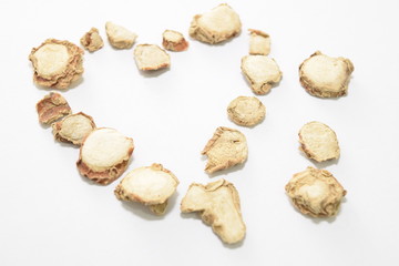 Dried ginger forming a heart.