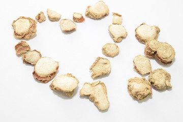 Dried ginger forming a heart.
