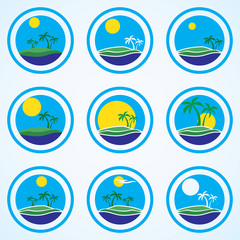 Palm trees sun, beach logo template. tropical island icon set