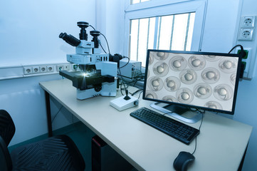 Modern microscope station in research facility