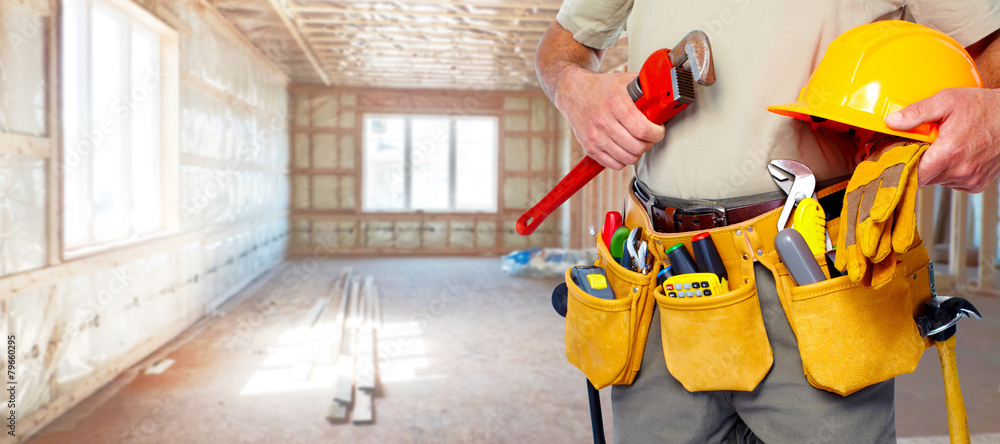 Sticker builder handyman with construction tools.