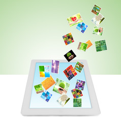 Touch screen tablet with streaming images on light background