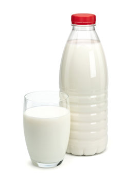 Milk in a plastic bottle and a glass