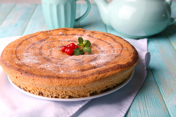 Tasty homemade pie on table