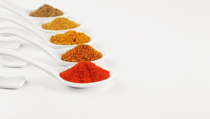 Different kinds of spices in ceramics spoons isolated on white