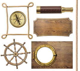 nautical objects rope, compass, steering wheel, signboard