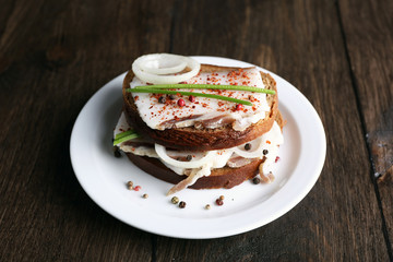 Sandwiches with lard and onion on plate on wooden background