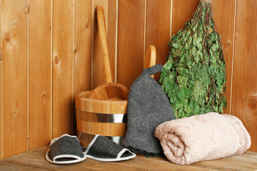 Fototapeta na wymiar Natural accessories in sauna