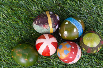 Happy easter eggs group on grass,can use as background for god f
