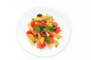 Penne with tomato sauce and black olive