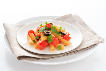 Penne with tomato sauce and black olive