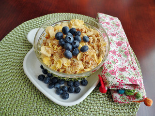 A bowl of breakfast cereal topped with blueberries