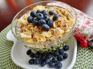 A bowl of breakfast cereal topped with blueberries