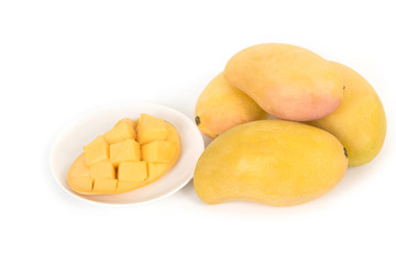 Fresh Mangoes and slice on white background