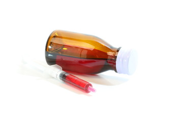 Bottle pouring Medicine Syrup in Spoon