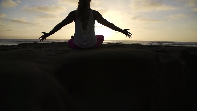Slow Motion Happy Woman Doing Success Yoga  Pose At Sunset