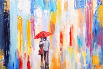 Fototapeta couple is walking in the rain under an umbrella, abstract colorf obraz