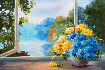 bouquet of spring flowers on a table near the window, oil painti