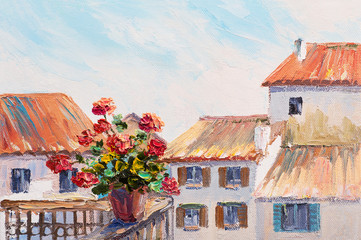 red roses in a pot n the balcony, beautiful rooftops in summer,