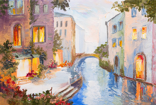 Oil painting - canal in Venice, Italy, modern impressionism, col